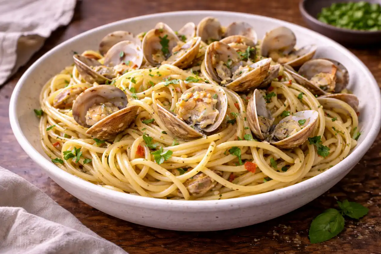 Классическая итальянская паста с вонголе, чесноком, белым вином и свежей петрушкой.
