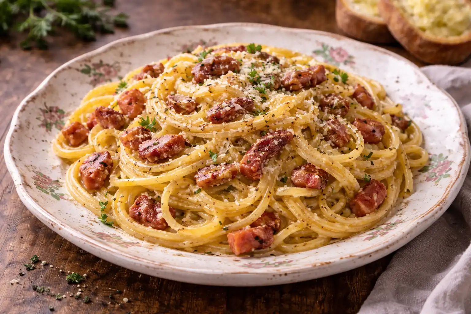 Классическая паста карбонара со спагетти, панчеттой и насыщенным сырно-яичным соусом.