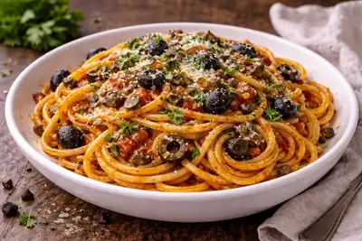 Спагетти путтанеска с томатным соусом, анчоусами, каперсами и оливками.