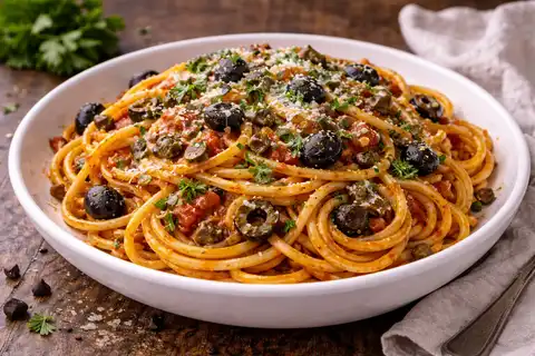 Спагетти путтанеска с томатным соусом, анчоусами, каперсами и оливками.