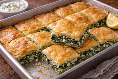 Традиционный греческий пирог из теста фило с сочной начинкой из шпината, феты и зелени.