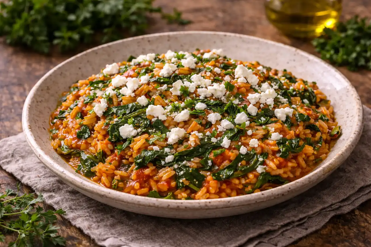 Традиционный греческий рис со шпинатом, томатной основой, лимоном и мягкой солоноватой фетой.