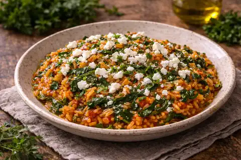 Традиционный греческий рис со шпинатом, томатной основой, лимоном и мягкой солоноватой фетой.