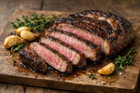 Сочный рибай с румяной корочкой, ароматом чеснока, тимьяна и сливочного масла.