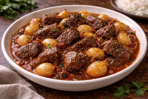 Традиционное греческое рагу из говядины с мелким луком, томатами, красным вином и специями.