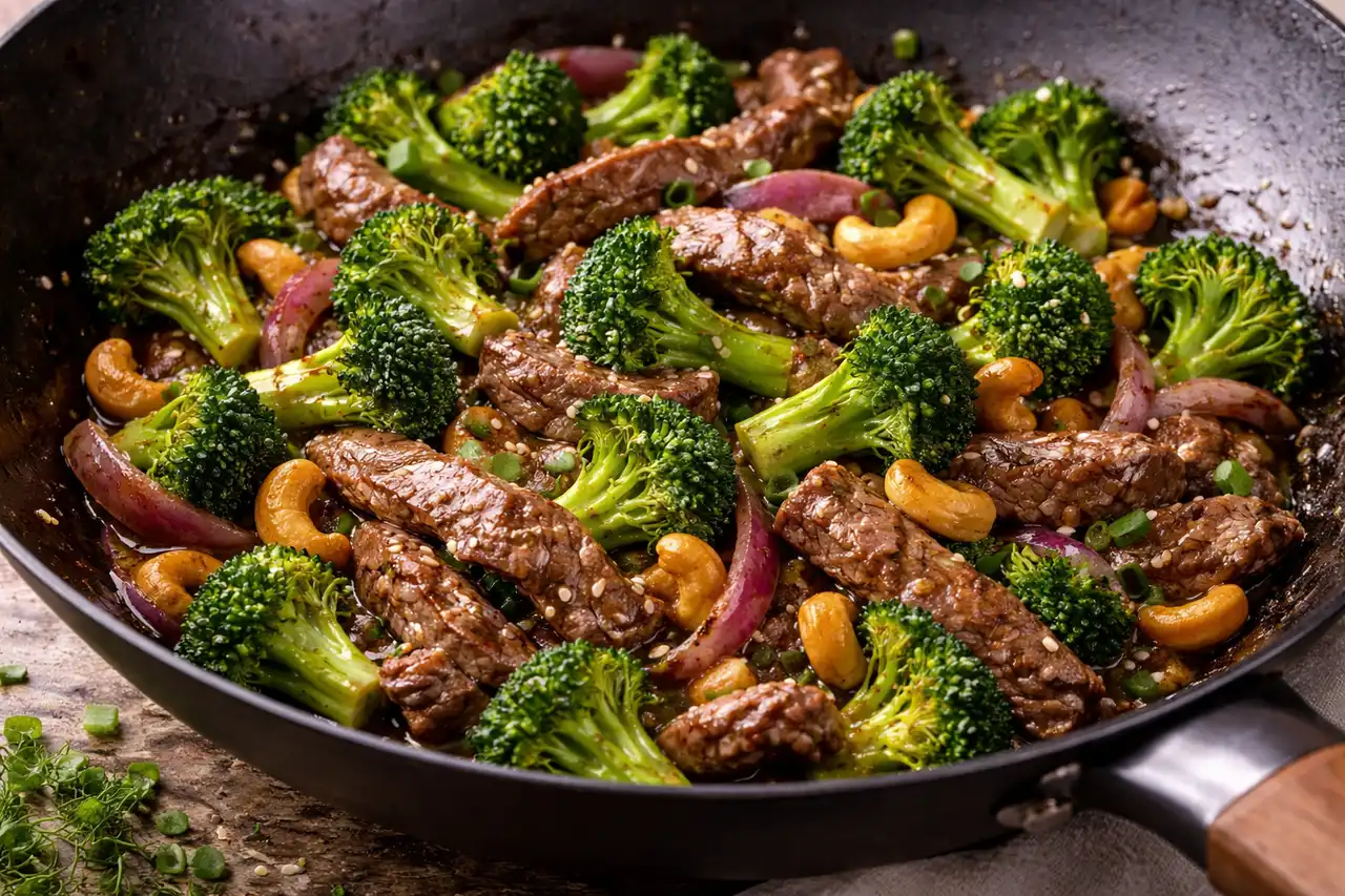 Быстрый тайский стир-фрай с говядиной, брокколи и кешью в насыщенном соусе.