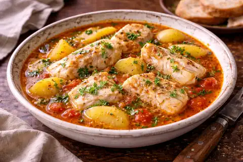 Каталонский рыбный суп с картофелем, томатами и шафраном в насыщенном ароматном бульоне.