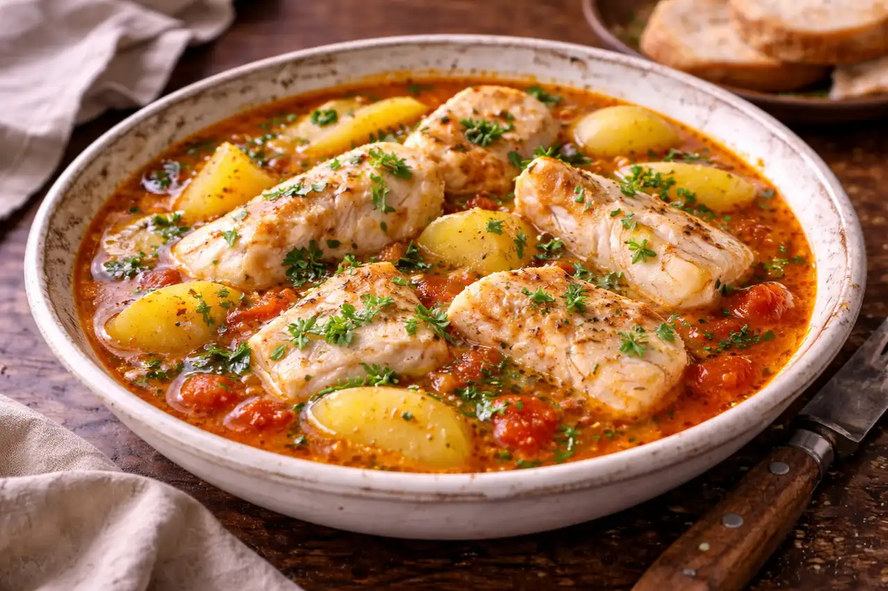 Каталонский рыбный суп с картофелем, томатами и шафраном в насыщенном ароматном бульоне.