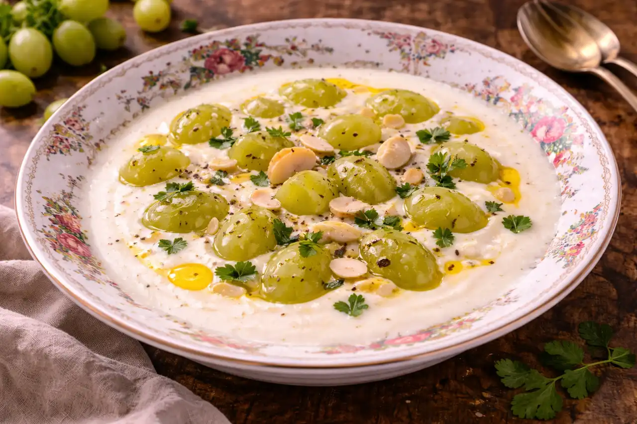 Холодный испанский суп из миндаля, чеснока, оливкового масла и винограда.