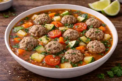 Мексиканский суп с сочными фрикадельками, овощами и ароматным томатным бульоном.