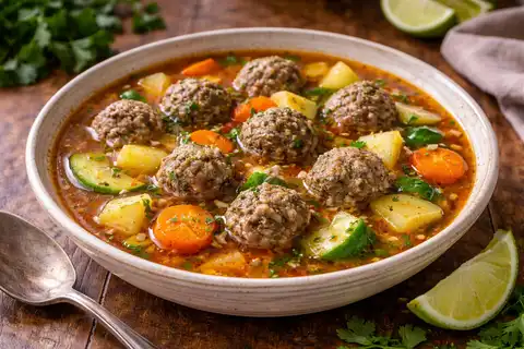 Мексиканский суп с сочными фрикадельками, овощами и ароматным томатным бульоном.