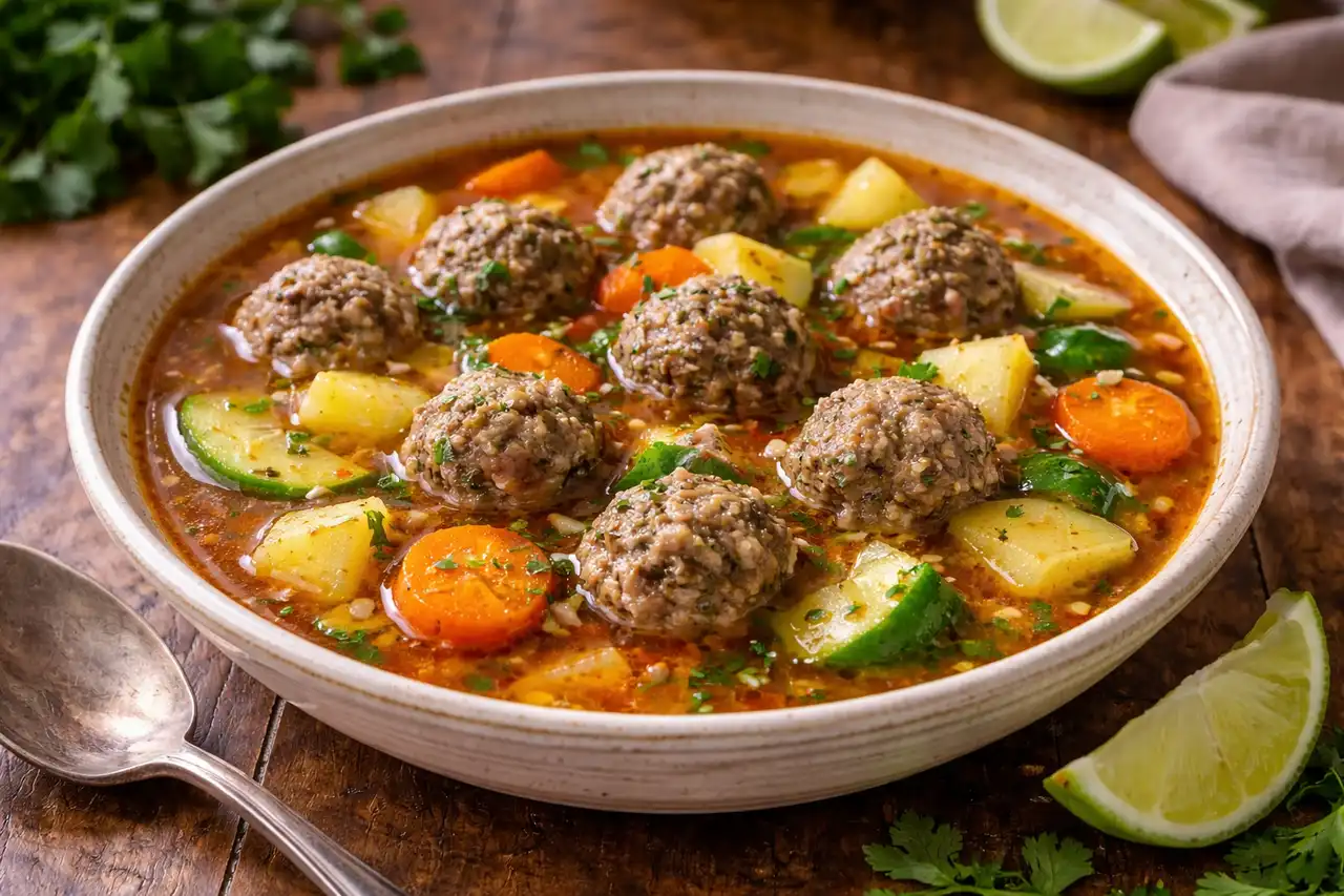 Мексиканский суп с сочными фрикадельками, овощами и ароматным томатным бульоном.