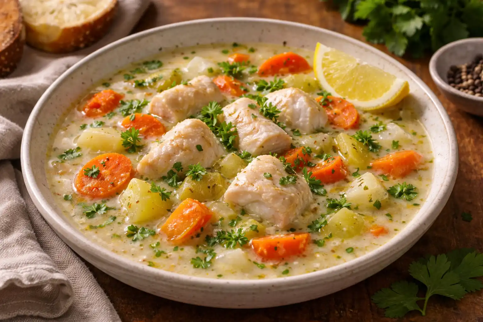 Лёгкий турецкий рыбный суп с овощами, лимоном и нежным сливочным акцентом.