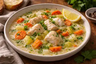 Лёгкий турецкий рыбный суп с овощами, лимоном и нежным сливочным акцентом.