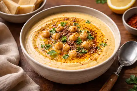Нежный суп из нута с тахини, чесноком и восточными специями.