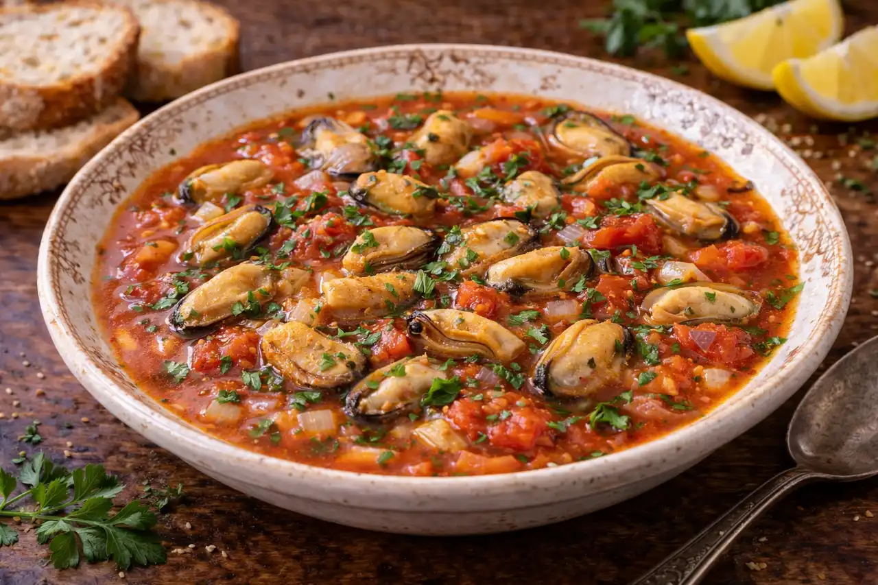 Ароматный турецкий суп с мидиями, томатами, чесноком и лёгким лимонным акцентом.