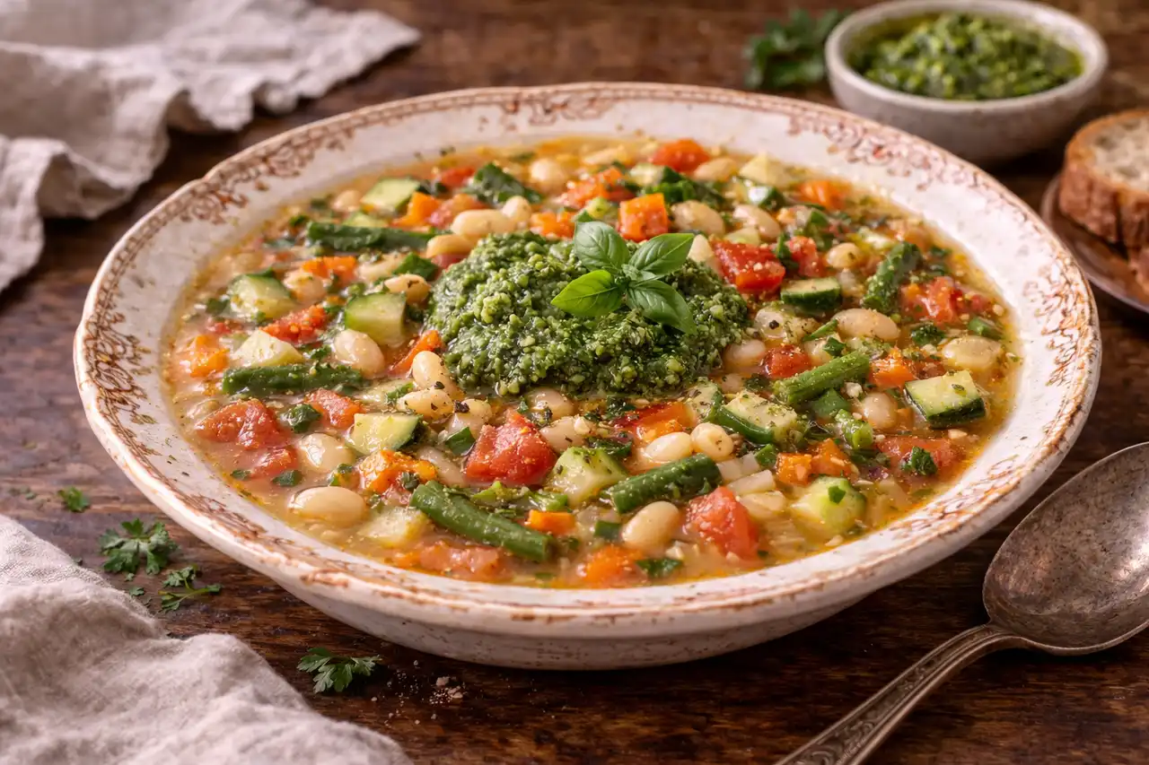 Ароматный прованский овощной суп с фасолью, пастой и соусом писту из базилика и чеснока.