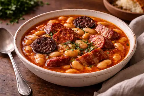 Традиционный испанский суп-рагу из белой фасоли с чоризо, морсильей и копчёной паприкой.