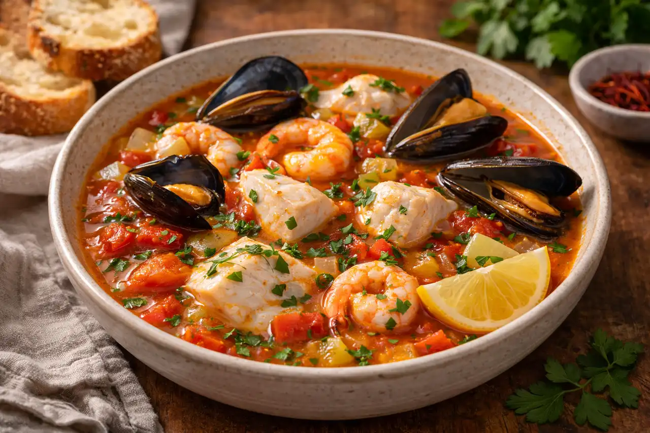 Ароматный испанский суп с мидиями, креветками и томатно-шафрановым бульоном.