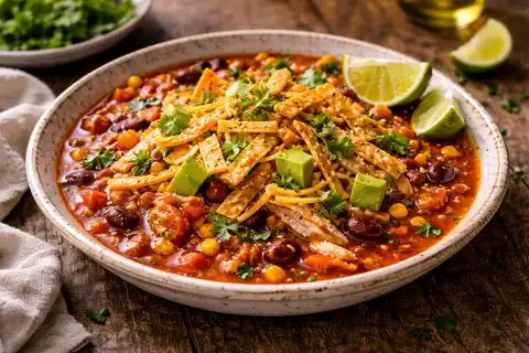 Насыщенный мексиканский суп с курицей, томатами, фасолью и хрустящими полосками тортильи.