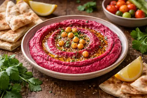 Нежный хумус с запечённой свёклой, тахини и лимоном с ярким цветом и мягким ореховым вкусом.