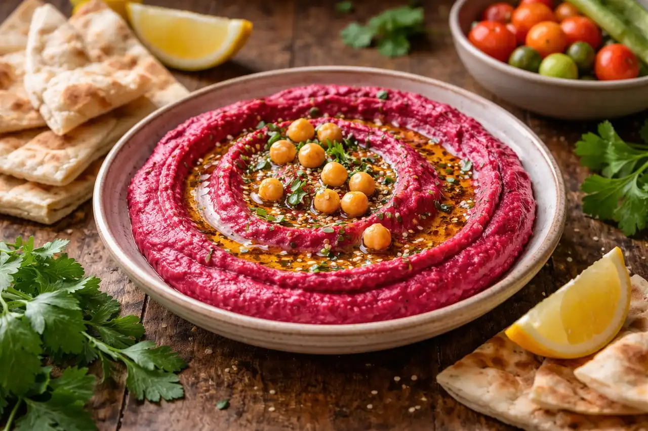 Нежный хумус с запечённой свёклой, тахини и лимоном с ярким цветом и мягким ореховым вкусом.