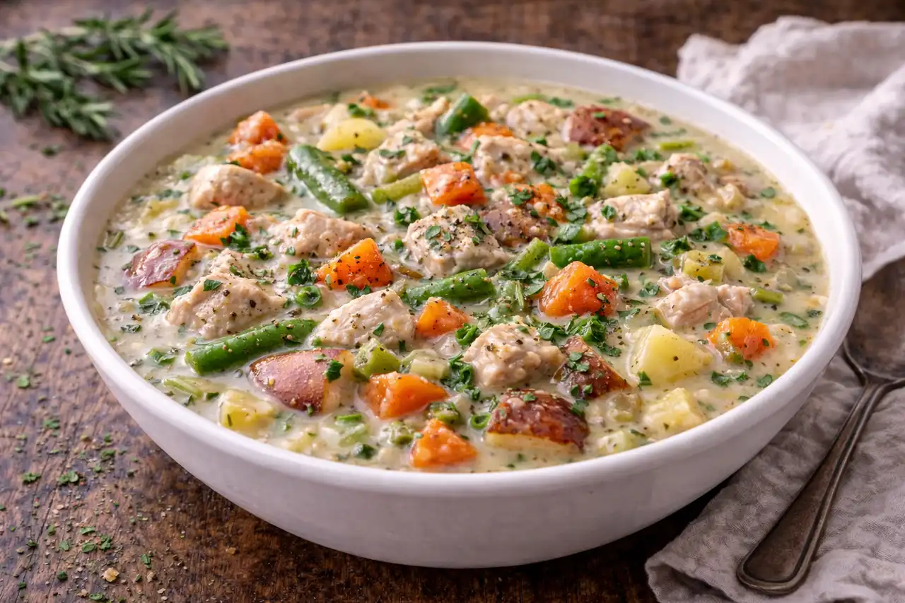 Сытное куриное рагу с овощами и нежной сливочной текстурой для тёплого домашнего обеда.