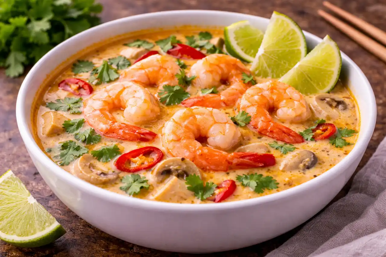 Ароматный тайский суп с креветками, кокосовым молоком и лаймом.