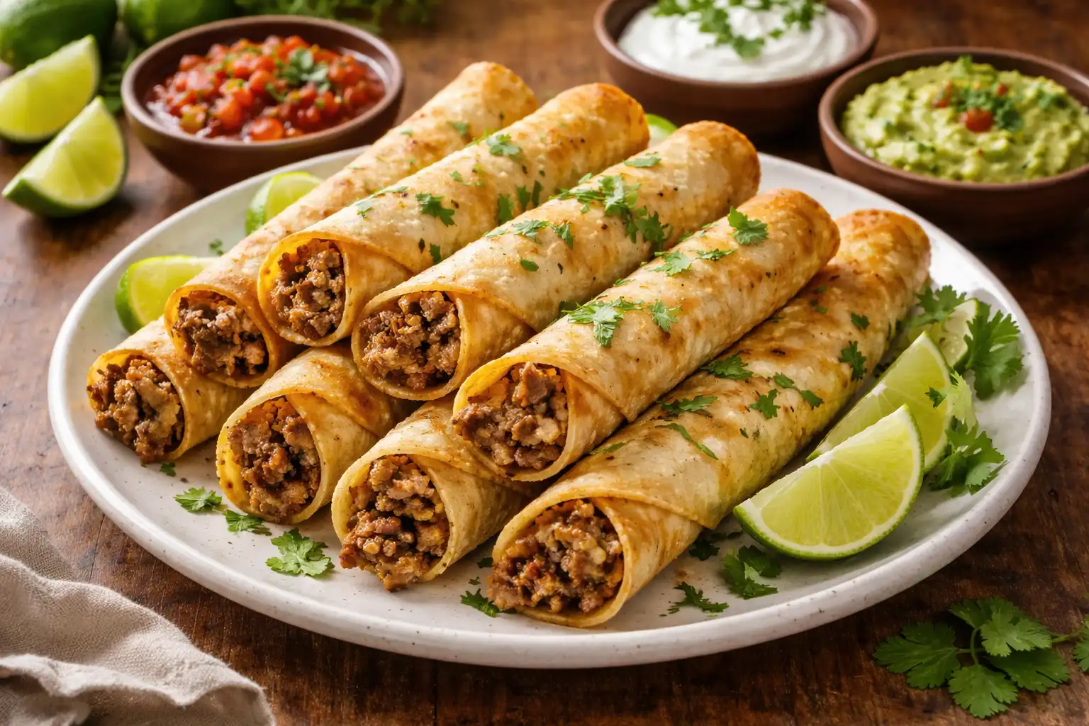 Хрустящие мексиканские рулетики из тортильи с пряной говяжьей начинкой и сыром.