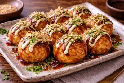 Японские шарики из жидкого теста с кусочками осьминога и хрустящей корочкой.