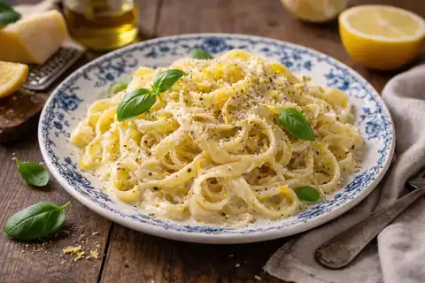 Нежная итальянская паста в сливочно-лимонном соусе с пармезаном и чёрным перцем.