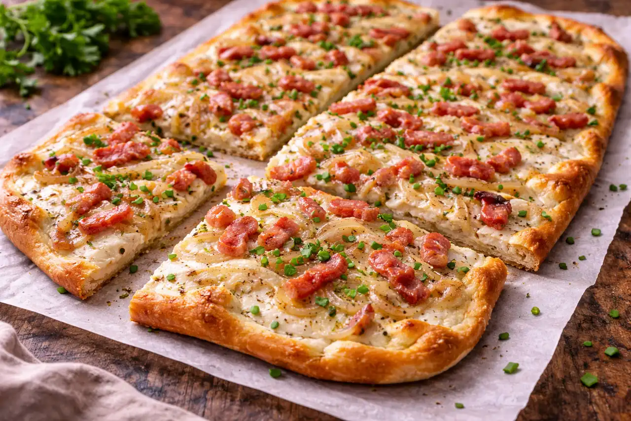 Тонкая французская лепёшка с йогуртом, луком и копчёным беконом.