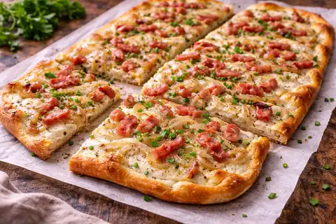 Тонкая французская лепёшка с йогуртом, луком и копчёным беконом.