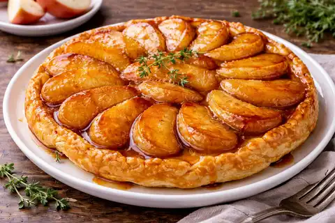 Французский перевернутый яблочный тарт с карамелью, хрустящим тестом и насыщенным фруктовым вкусом.