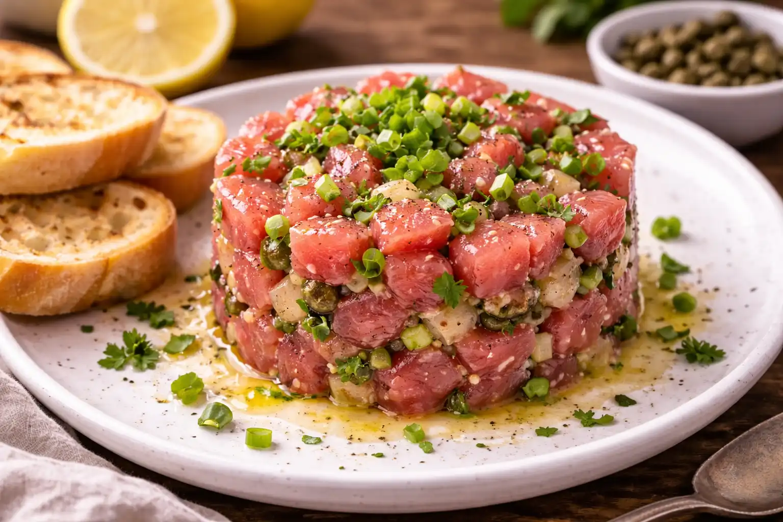 Лёгкая французская закуска из свежего тунца с каперсами, шалотом и цитрусовой заправкой.