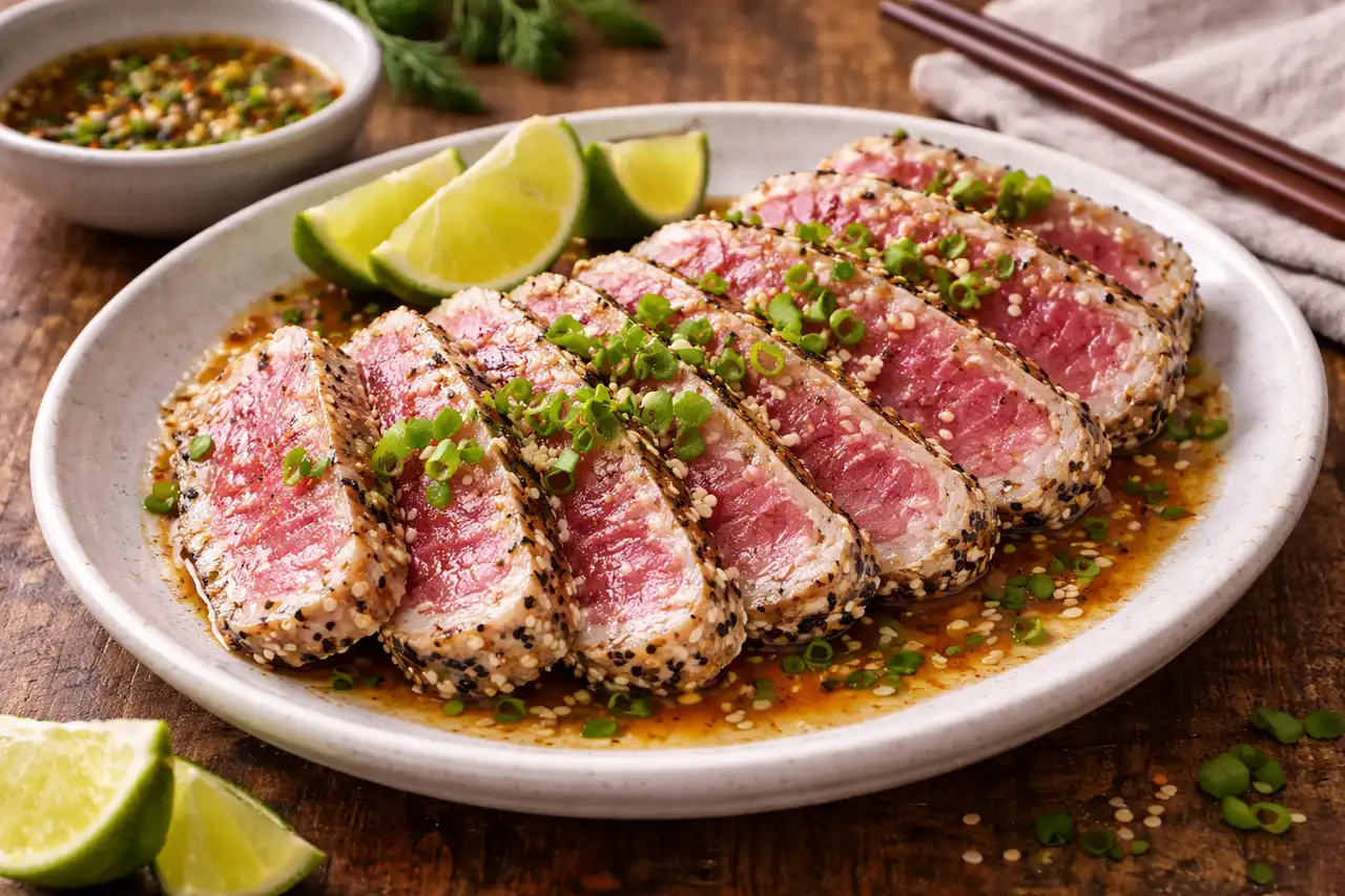Японская закуска из быстро обжаренного тунца с кунжутной корочкой и цитрусово-соевым соусом.