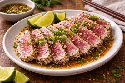 Японская закуска из быстро обжаренного тунца с кунжутной корочкой и цитрусово-соевым соусом.