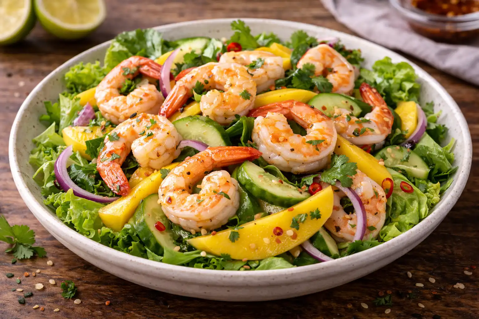 Лёгкий салат с креветками, манго и лаймовой заправкой с ярким тайским характером.