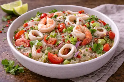 Острый тайский салат с креветками, кальмаром, стеклянной лапшой и лаймовой заправкой.