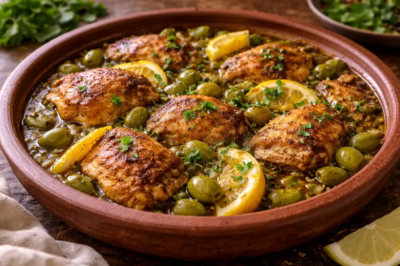 Ароматная курица по-мароккански, томлённая со специями, лимоном и зелёными оливками.