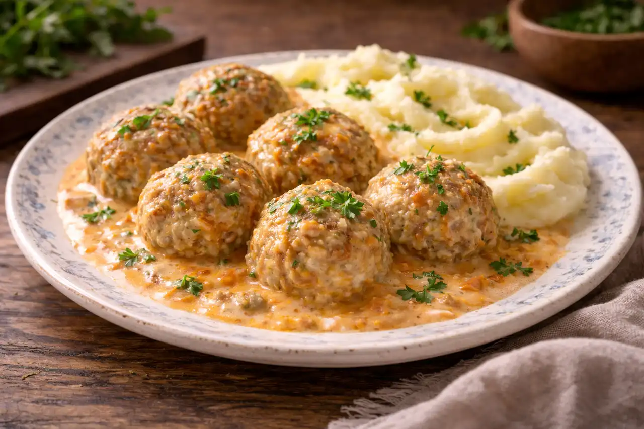 Нежные мясные тефтели с рисом в бархатистом сметанном соусе для сытного домашнего ужина.