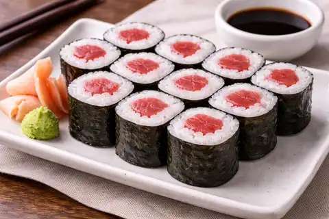 Тонкий японский ролл хосомаки с тунцом, рисом и нори с чистым и сбалансированным вкусом.