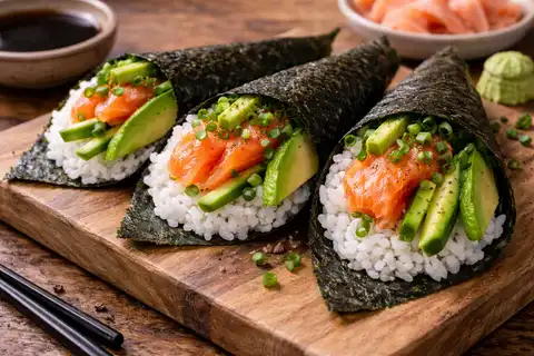 Японские ручные роллы темаки с нежным лососем, авокадо и рисом в хрустящих листах нори.