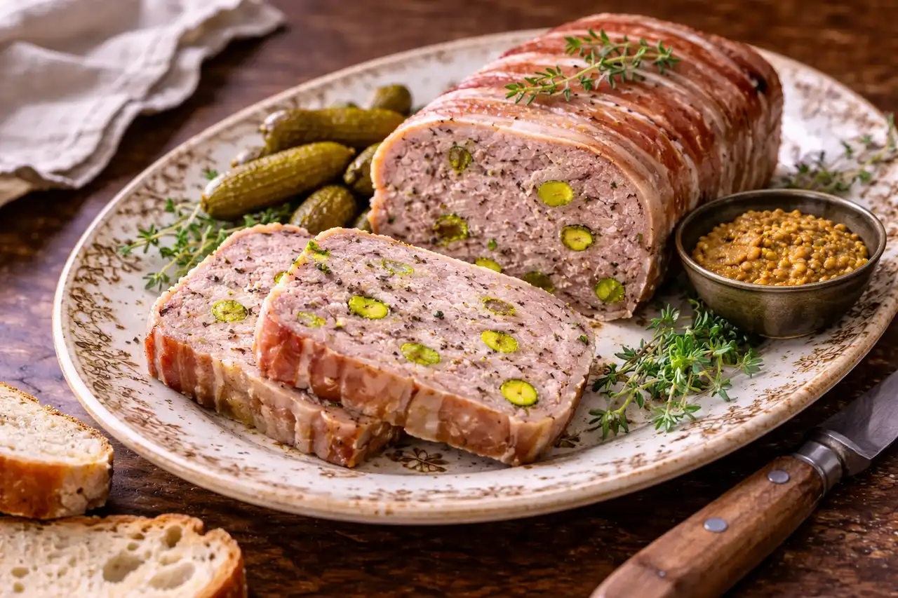 Плотная французская мясная закуска с мягкой текстурой, фисташками и ароматом тимьяна.