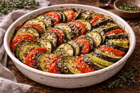 Запечённые слоями овощи с чесноком, тимьяном и оливковым маслом в классическом прованском стиле.