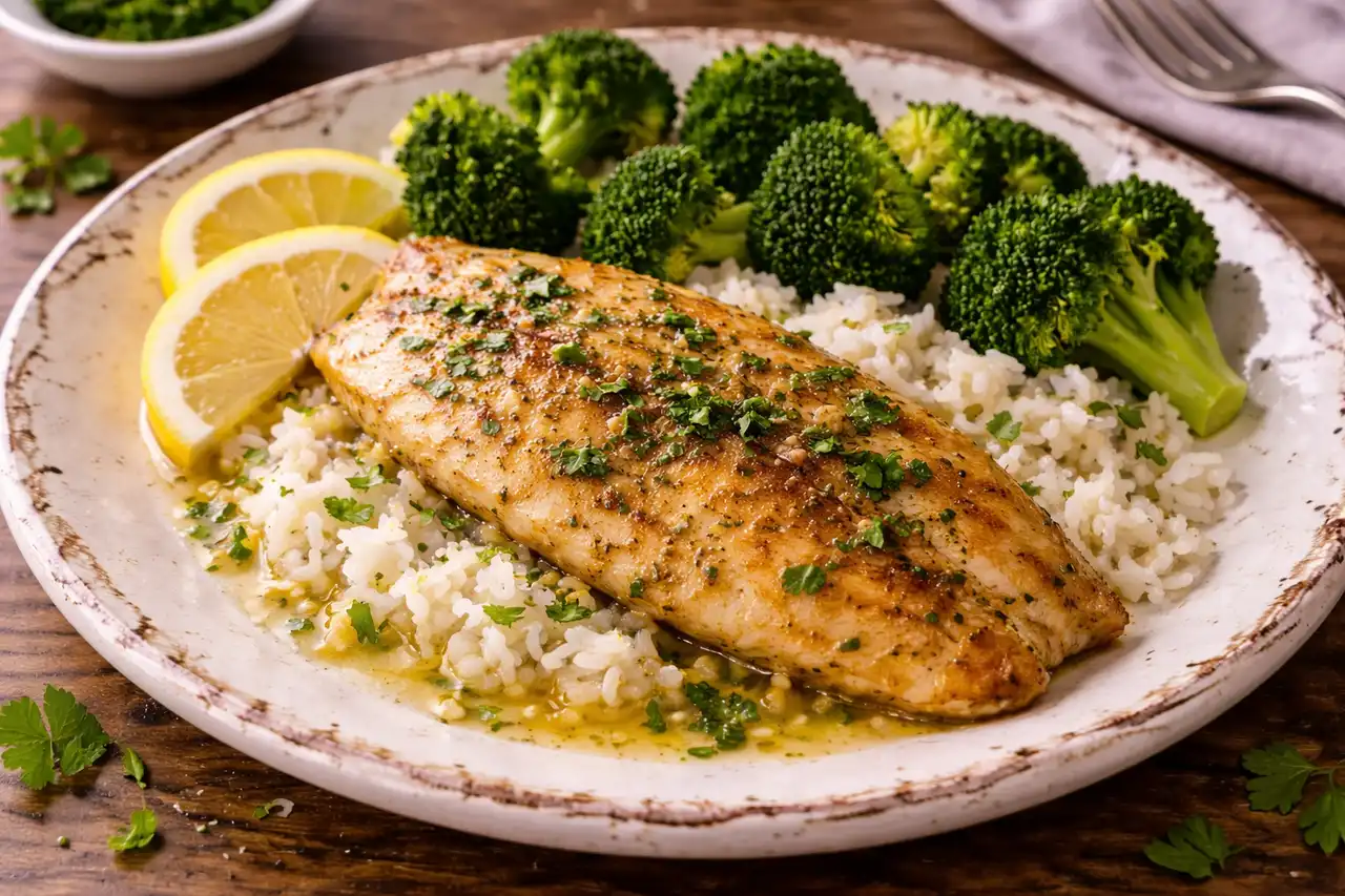 Нежное филе тилапии с лёгкой золотистой корочкой и свежим лимонно-чесночным ароматом.