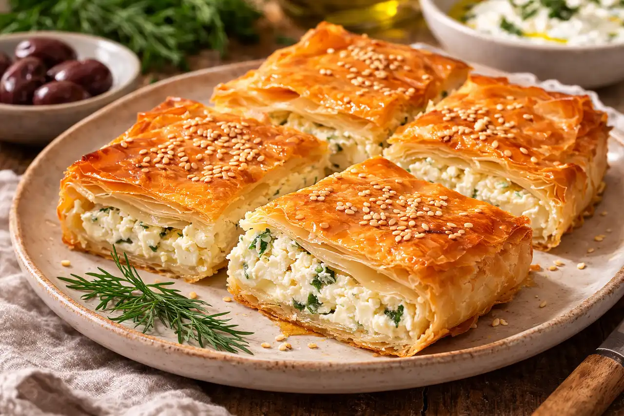 Хрустящий греческий пирог из теста фило с насыщенной сырной начинкой.
