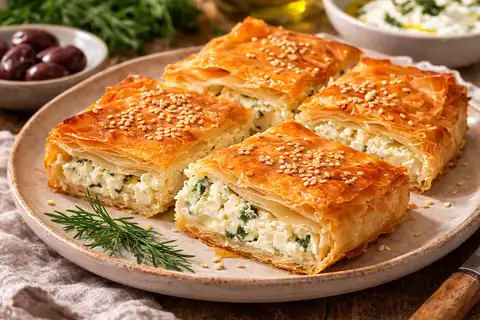 Хрустящий греческий пирог из теста фило с насыщенной сырной начинкой.