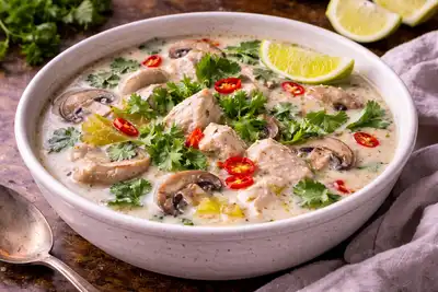 Ароматный тайский суп на кокосовом молоке с курицей, грибами, галангалом и лаймом.