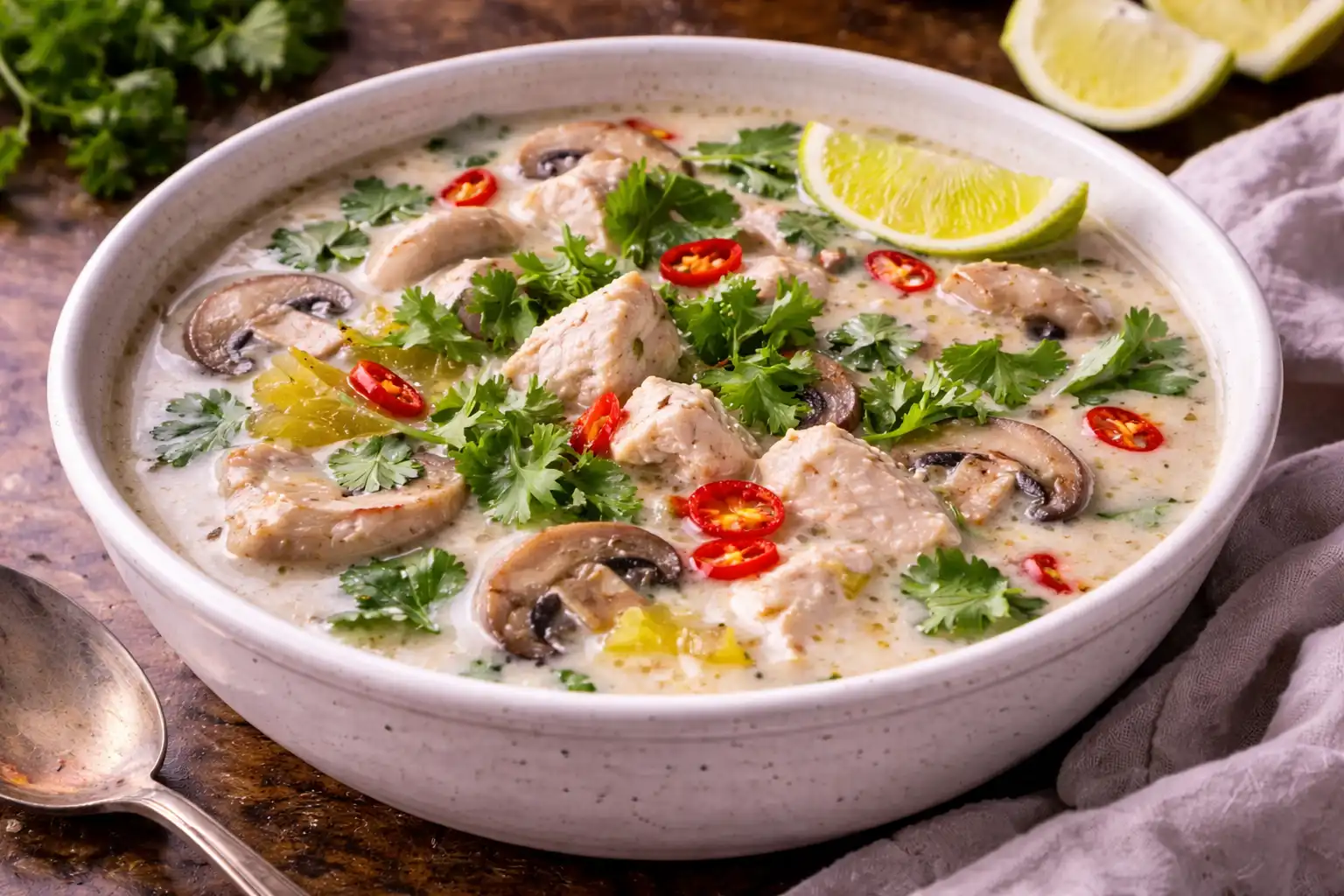 Ароматный тайский суп на кокосовом молоке с курицей, грибами, галангалом и лаймом.